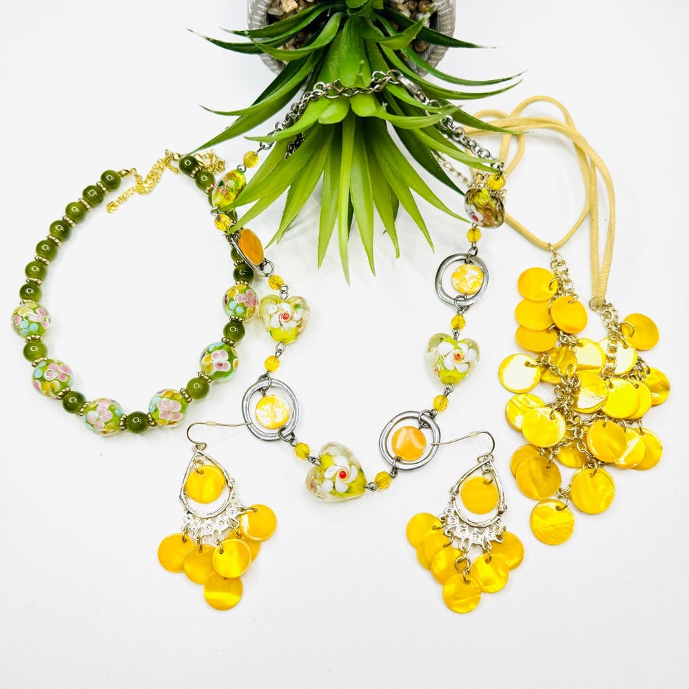 4pc Handmade Bundle Lot - Yellow and Green Floral Necklaces